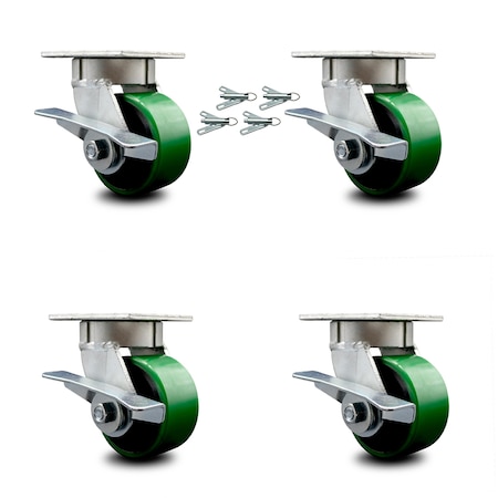 Service Caster 4 Inch Kingpinless Green Poly on Steel Wheel Caster Set Brake and Swivel Lock SCC-KP30S420-PUR-GB-SLB-BSL-4